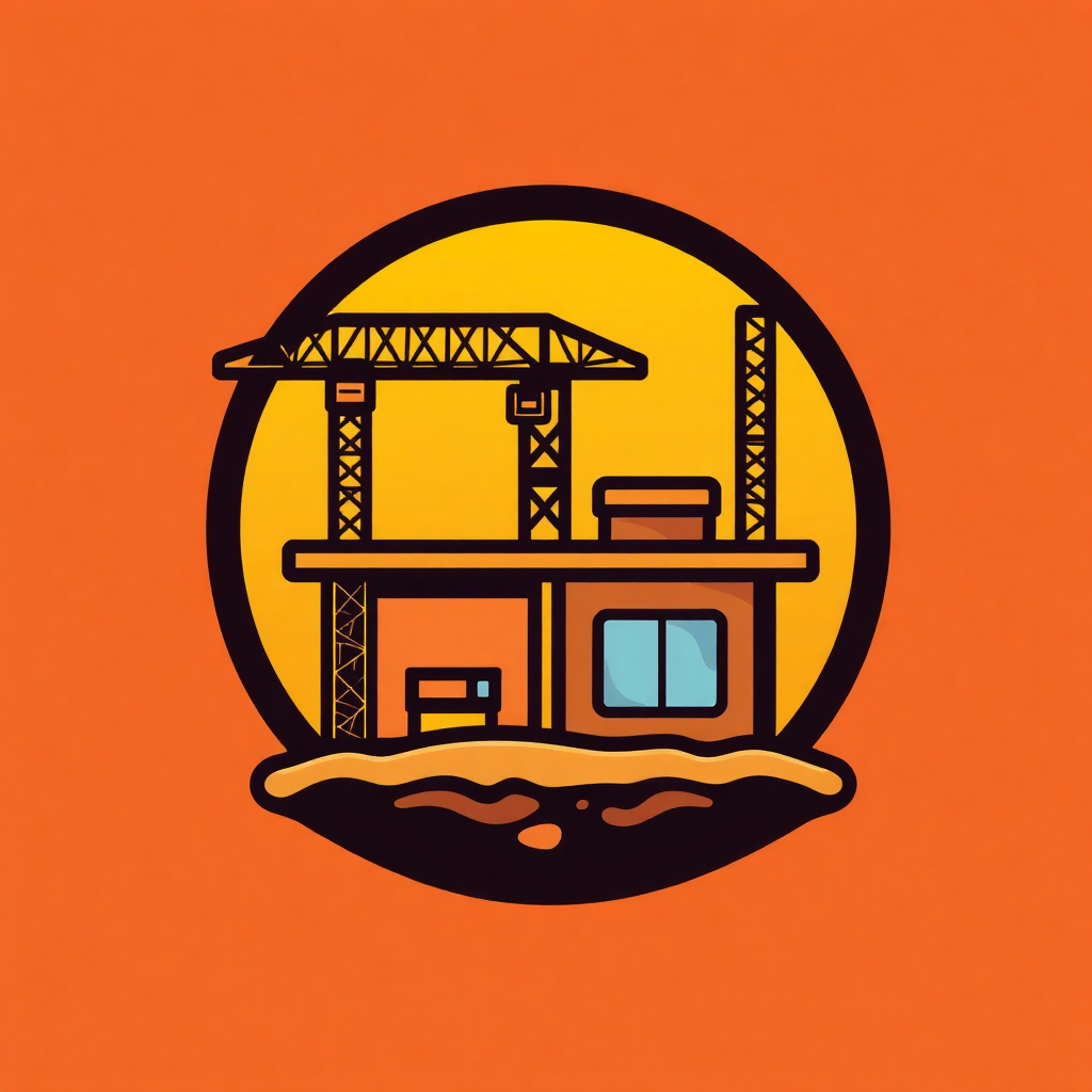 The image is an illustration of a construction site. It is in the shape of a circle with an orange background. Inside the circle, there is a building under construction with a crane on top of it. The building appears to be a two-story structure with a sloping roof and a chimney. There is a window on the front of the building and a door on the side. The construction site is surrounded by soil and there are two cranes on either side of the crane. The overall color scheme of the image is orange and yellow.