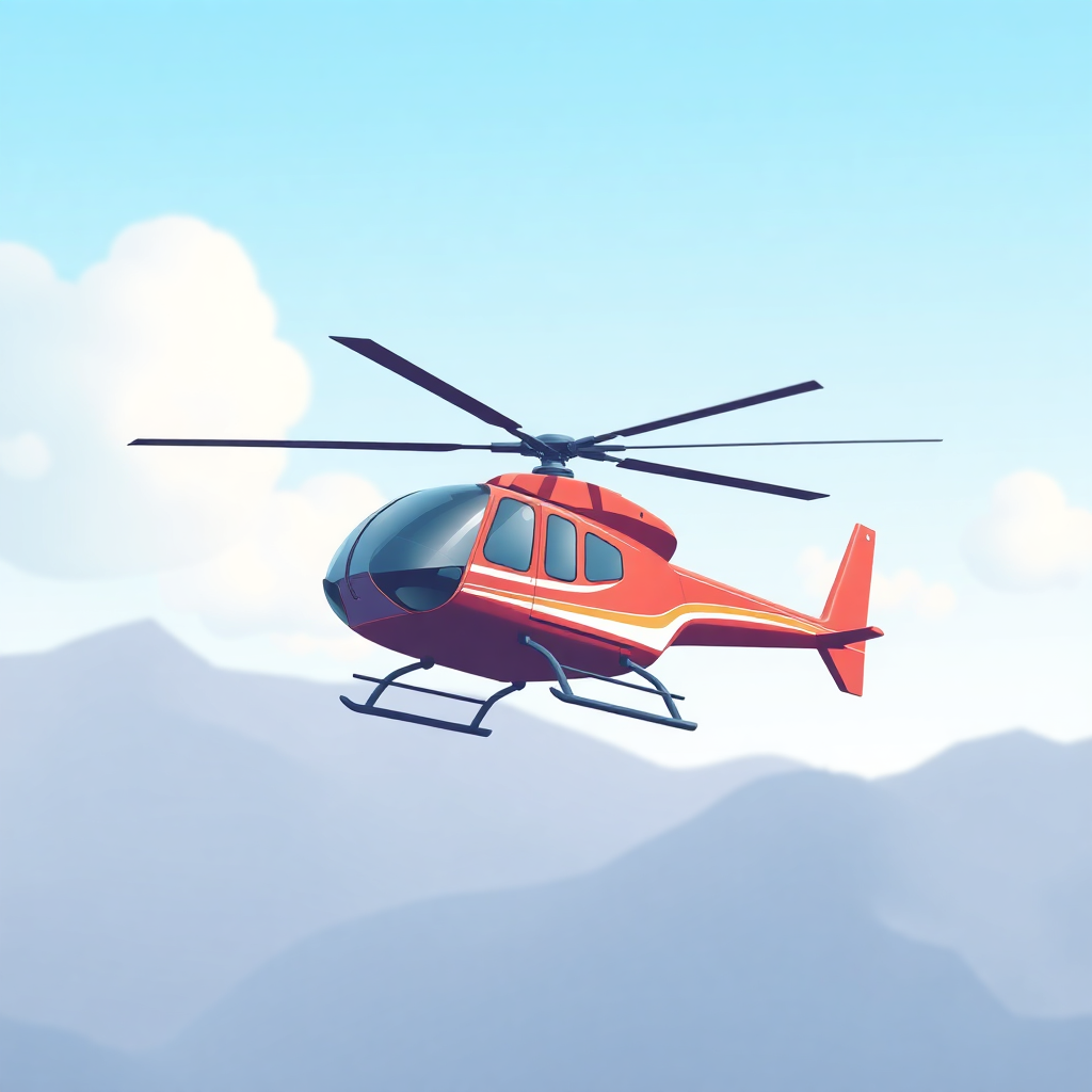 The image is a digital illustration of a red helicopter flying in the sky. The helicopter is in the center of the image, with its body facing towards the right side of the frame. It has a sleek and modern design with a pointed nose and two large propellers on either side. The body of the helicopter is painted in a bright red color with a yellow stripe running along the side. In the background, there are mountains and a clear blue sky with white clouds. The image appears to be taken from a low angle, looking up at the helicopter.