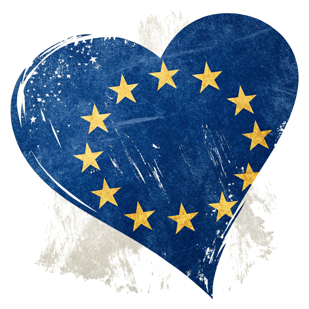 Simple Icon Idea: A heart shape filled with the EU flag colors, with the stars subtly visible within the heart.