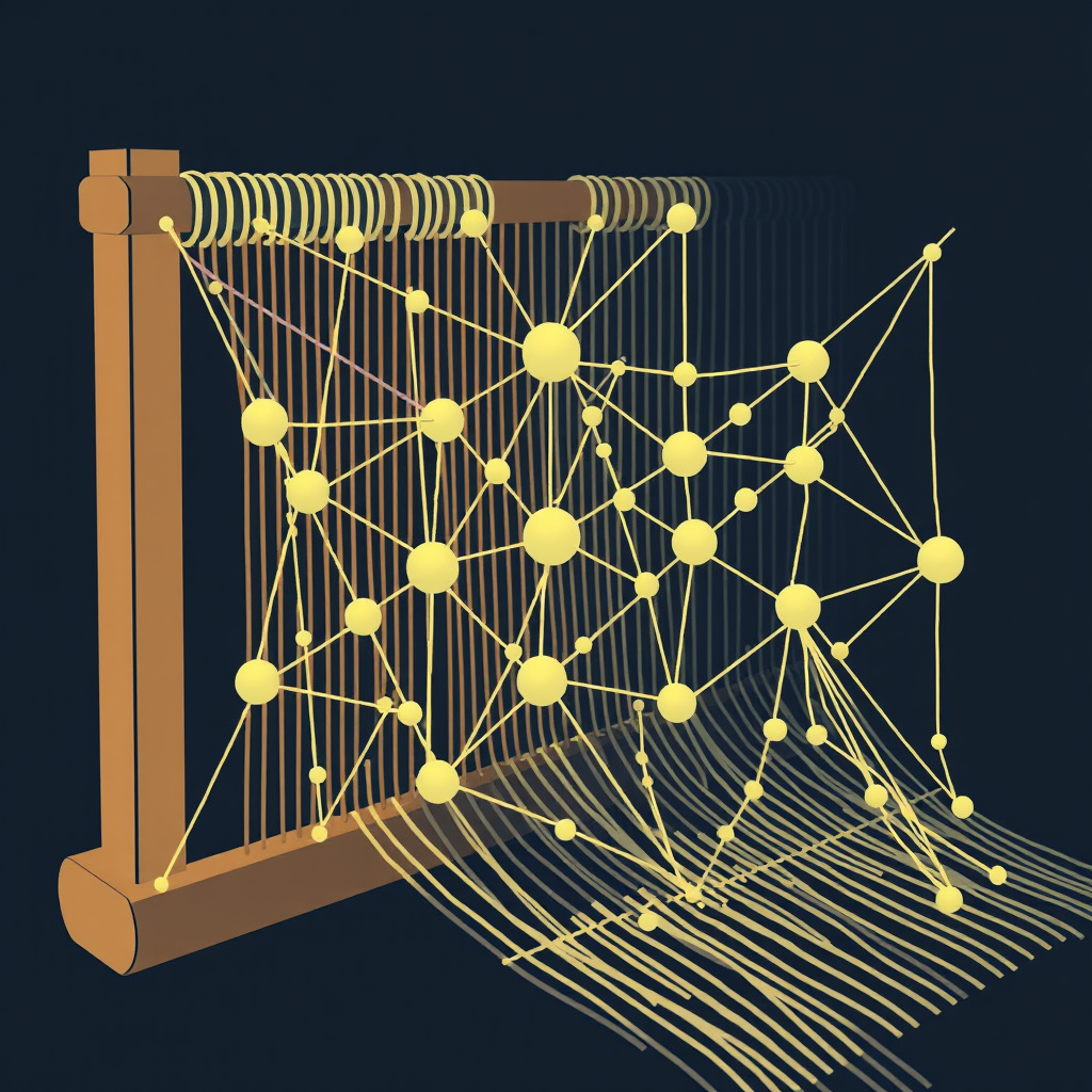 Neural Net Loom: Depict nodes (neurons) with their connections weaving like threads on a loom, creating a pattern that grows in complexity from one side to another, symbolizing the learning process and emergent structure in AI.