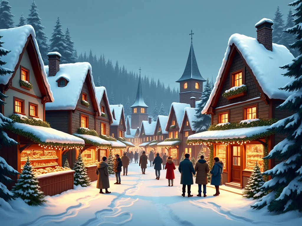 A picturesque village draped in a white blanket of snow. The quaint houses and shops exhibit twinkling Christmas lights, and the village square is bustling with people attending a traditional Christmas market. The aroma of pine trees, spices, and freshly baked goods fills the air, creating a festive and welcoming atmosphere.