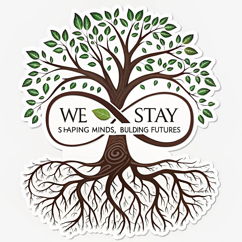 Sticker Design Idea 4: 'Rooted in Purpose' - A design showing a tree with deep, strong roots forming the words 'We Stay' or an infinity symbol. The tree's leaves/branches represent 'Shaping Minds, Building Futures.' Focuses on resilience and enduring commitment.