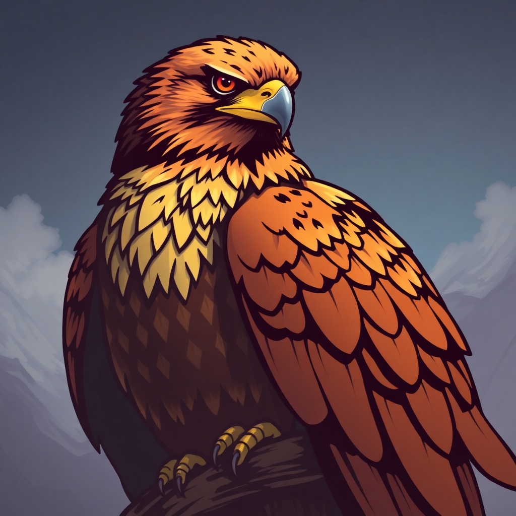 The image is a digital illustration of a bird of prey, specifically a hawk, perched on a branch. The bird is facing towards the right side of the image, with its head turned slightly to the left. It has a large, pointed beak and sharp, pointed eyes. The hawk's feathers are a mix of brown and orange, with a pattern of small, diamond-like patterns on its body. The background is a dark blue sky with white clouds. The branch it is perched on is brown and appears to be made of wood. The overall color scheme of the illustration is warm and earthy, with shades of brown, orange, and yellow.