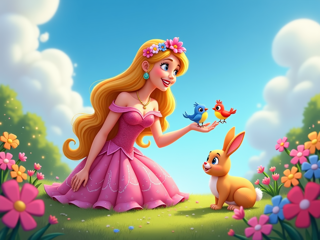 A princess interacting with adorable, cartoon animals like bunnies and birds in a whimsical, colorful garden setting.