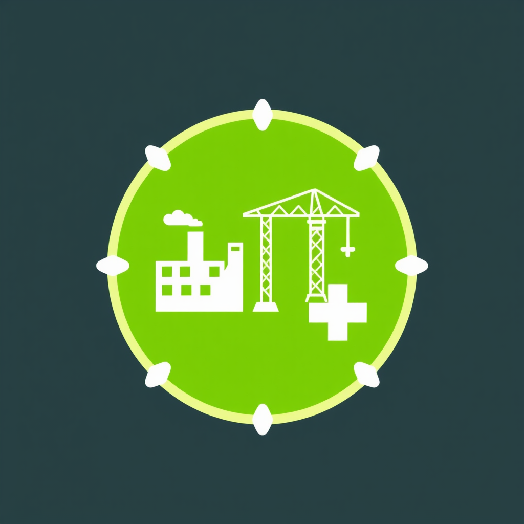A continuous green circle enclosing simplified icons of a factory, a construction crane, and a medical plus sign, symbolizing universal protection across sectors.
