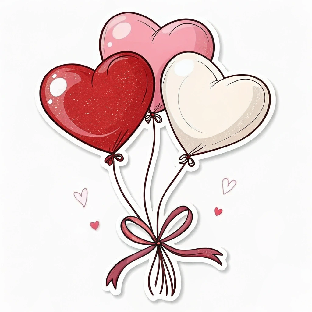 A cluster of three heart balloons, one red, one pink, and one white, tied together with a ribbon.