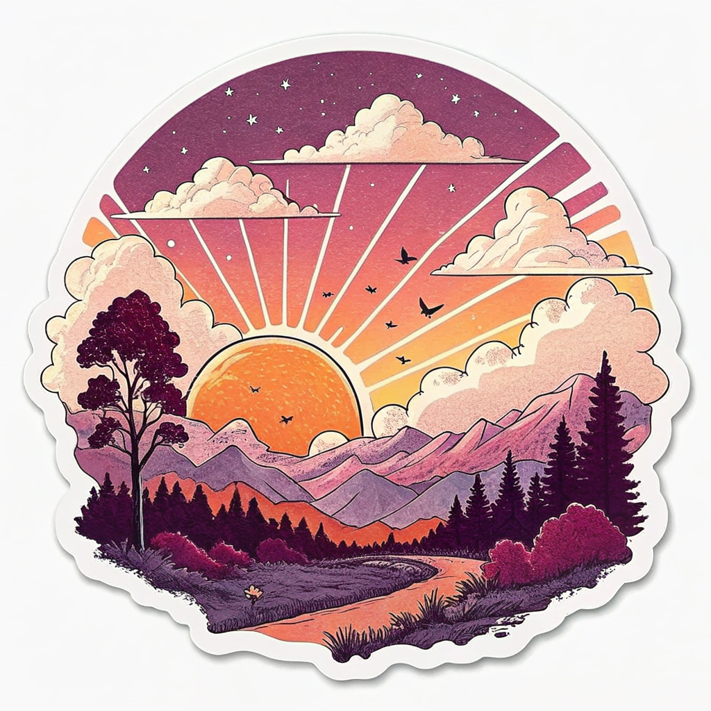 The image is a circular sticker with a colorful illustration of a landscape. The background is a gradient of pink, orange, and purple, with a large orange sun in the center. The sun is surrounded by white clouds and rays of light. There are also small birds flying around the sun.  In the foreground, there is a winding road that leads to a mountain range with trees and bushes on either side. The trees are tall and green, and the bushes are a mix of pink and purple. The mountains are covered in snow, and there are a few birds flying in the sky. The overall mood of the image is peaceful and serene.