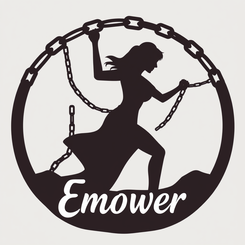 Silhouette of a woman breaking chains, with the text 'Empower' subtly integrated into the design.