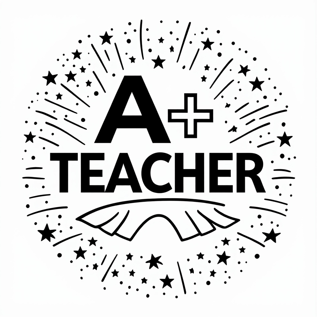 Illustrate a 'Super Teacher Galaxy' concept. The 'A+ Teacher' text is presented in a bold, dynamic font, possibly with a subtle superhero cape outline behind it or integrated. This is surrounded by stars bursting outwards, signifying 'star power' and creating an energetic feel.