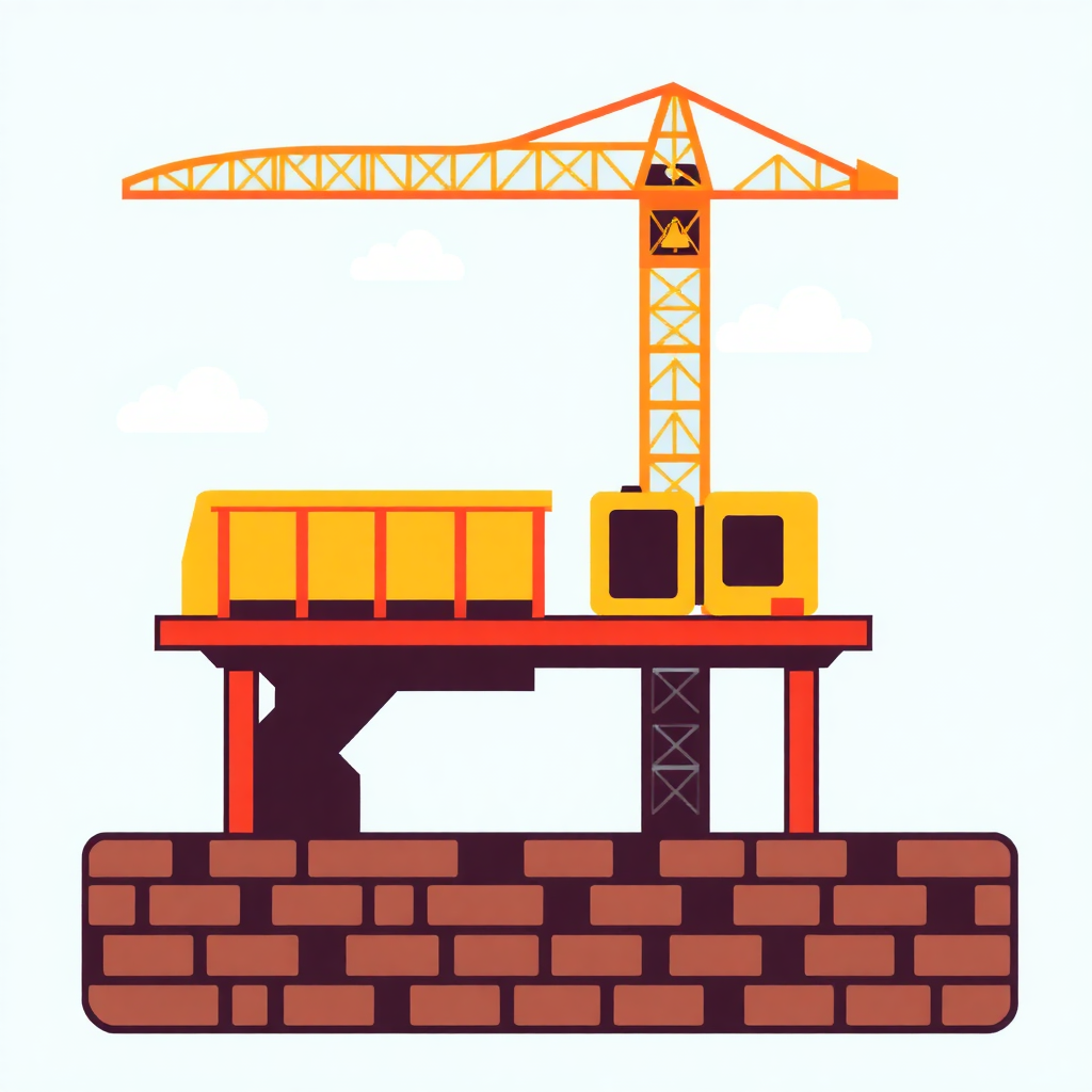 The image is an illustration of a construction site with a yellow crane on top of a brick wall. The crane has a long arm with a hook at the end, which is used to lift and move heavy objects. Below the crane, there is a platform with two yellow boxes on it. The platform appears to be made of red bricks and is supported by two pillars. The background is white, and the overall color scheme of the image is orange and yellow.