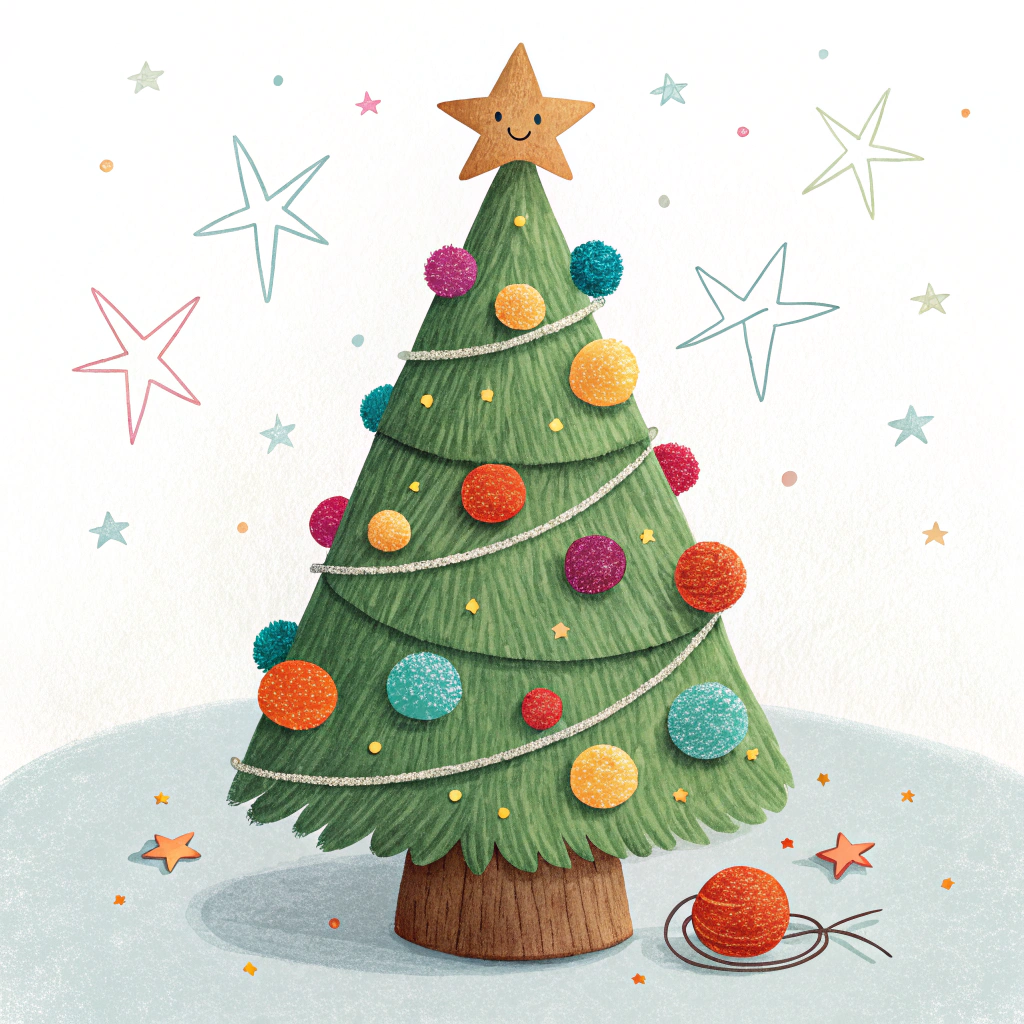 A charming Christmas tree sticker that's shaped like a cone, covered in colorful pom-poms to represent the ornaments, with a felt star resting on its peak.