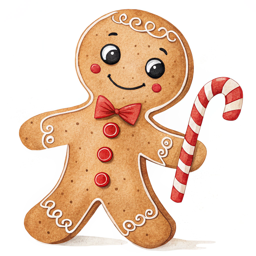 The image shows a gingerbread man with a candy cane in his hand. He is wearing a red bow tie and has a cheerful expression on his face. The background is white, giving the image a festive feel.