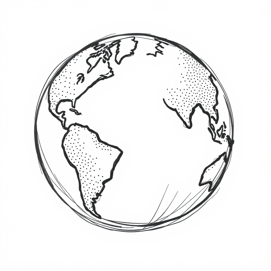 A sketch-style, imperfectly spherical globe logo where continents feature varied organic patterns (stippling, cross-hatching, smudged texture) and a deliberately unrefined, hand-drawn line quality to emphasize the handcrafted approach to global climate action.