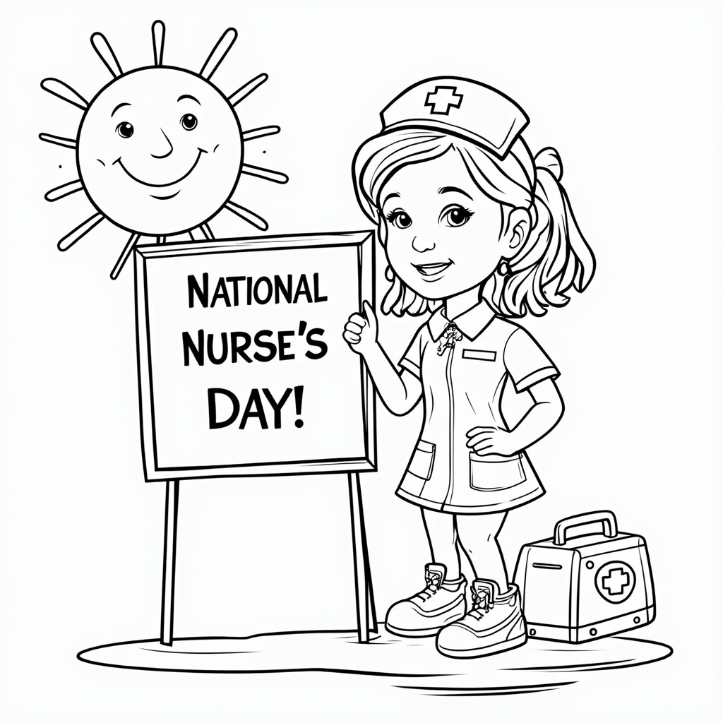 A child nurse character standing proudly beside a sign that reads 'Happy National Nurse's Day!', with the first aid kit at their feet and a smiling cartoon sun in the background.