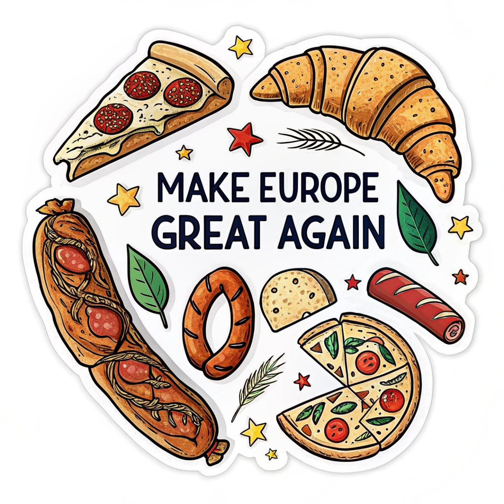 A sticker combining the phrase 'Make Europe Great Again' with iconic European foods like pizza, croissants, and bratwurst.