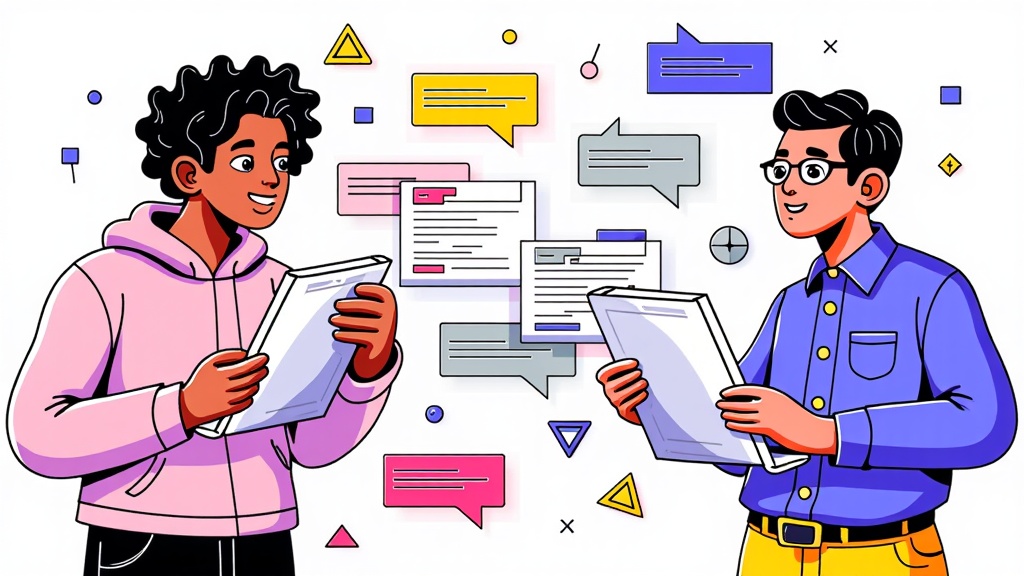 Artwork showing developers from various backgrounds collaboratively building a complex, abstract digital structure using code blocks and tech symbols as tools. This represents the community's collective effort in creating innovative solutions at Microsoft Build.