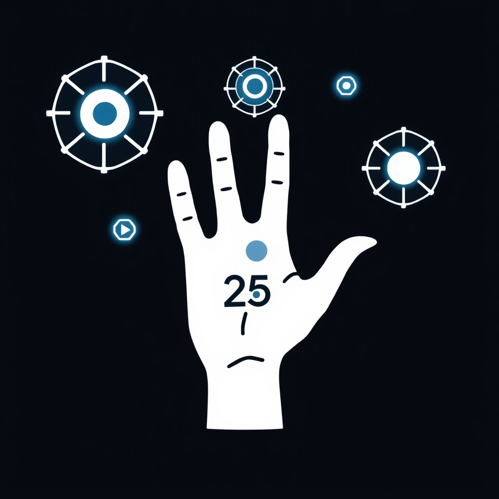 Google I/O 2025 Icon Designs - Iconography for Immersive Experiences: AR/VR at I/O 2025. Sub-design Idea 2: An icon representing the blending of physical and digital, where a simple outline of a human hand interacts with floating, glowing digital nodes or interfaces, with 'I/O 25' subtly integrated within the digital elements.