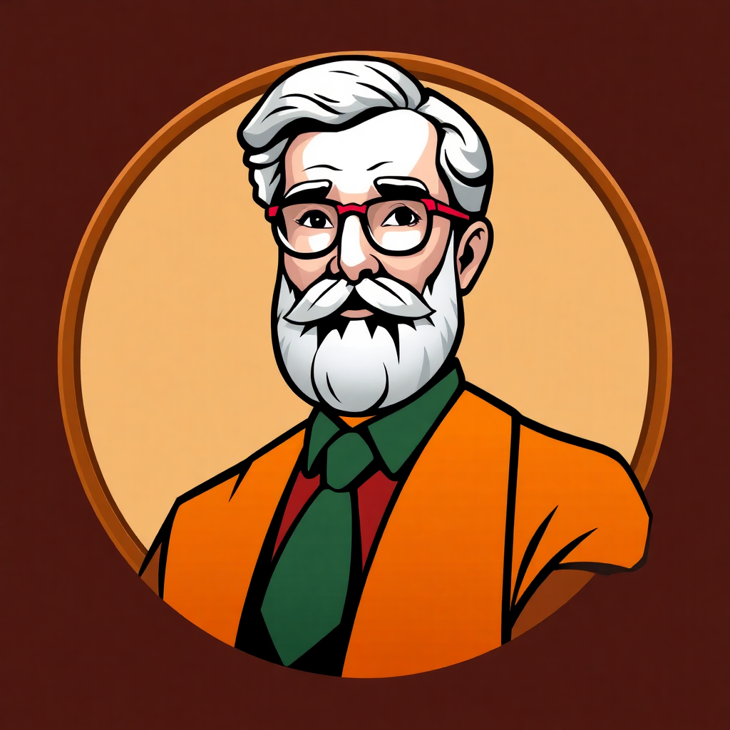 The image is a portrait of an elderly man with a white beard and mustache. He is wearing a green tie and an orange shirt. He has a pair of glasses on and is looking directly at the camera with a serious expression. The background is a light brown color with a gold circle in the center. The man appears to be in his late 60s or early 70s.