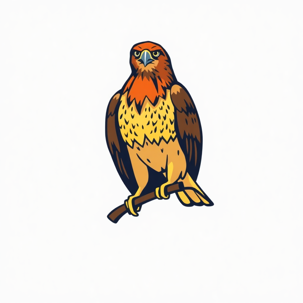 The image is a digital illustration of a bird of prey, specifically a hawk, perched on a branch. The hawk is facing towards the right side of the image and its head is turned slightly to the left. It has a brown body with a yellowish-orange crest on its head and wings. Its beak is black and its eyes are a piercing yellow. The bird's talons are yellow and its legs are black. The branch it is perched on is thin and brown. The background is white.