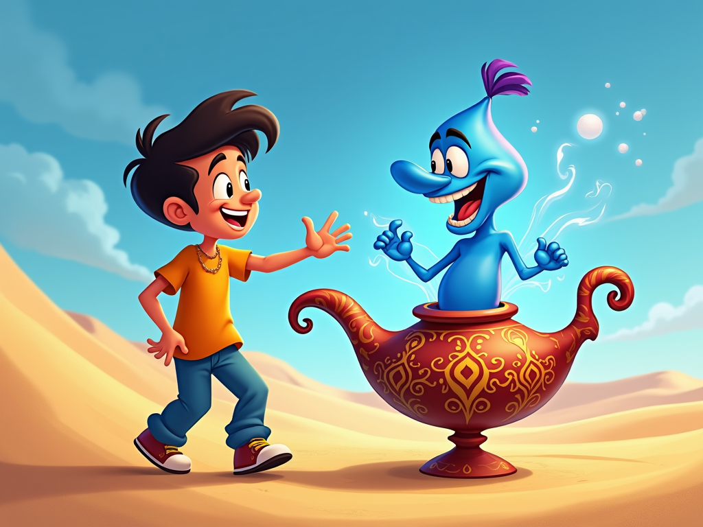 Khalid, a cartoon character with a mischievous grin, interacting with a whimsical genie emerging from a lamp with Qatari design elements, such as intricate patterns or Arabic calligraphy.