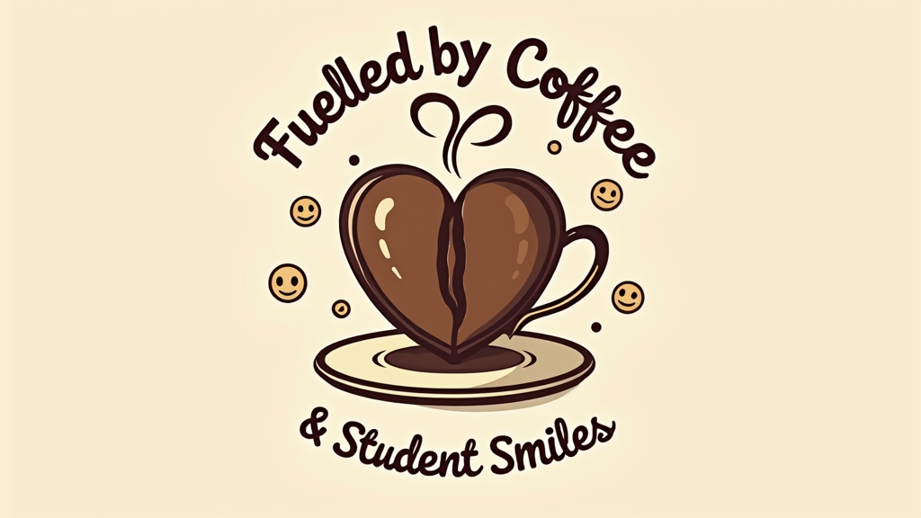 Heart & Coffee Intertwined: A design where a heart shape is creatively combined with a coffee bean or a coffee cup, or a coffee steam trail subtly forms a heart. Below or around it, the text 'Fuelled by Coffee & Student Smiles'. Small, subtle smiley faces could be incorporated as decorative elements.