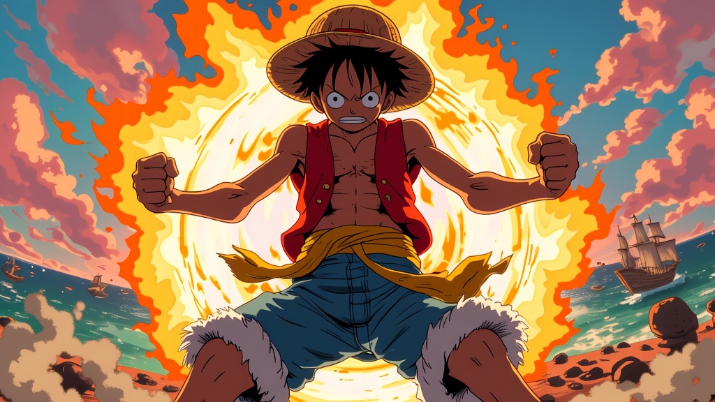 A dynamic One Piece scene with Luffy activating Gear Fourth, enveloped in steam, ready to take on the fiercest foes with the world of pirates in a stunning background.