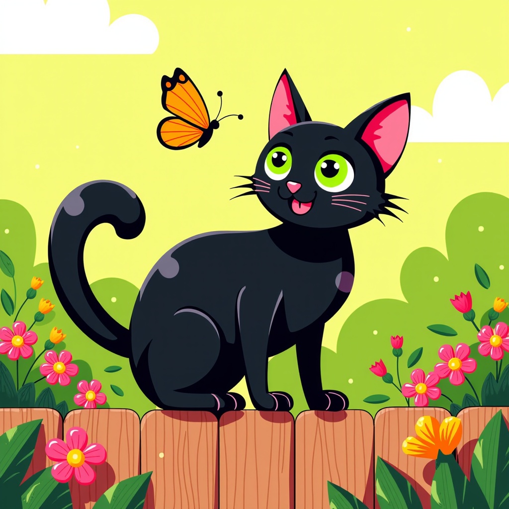 The image is a cartoon illustration of a black cat sitting on a wooden fence in a garden. The cat has big green eyes and pink ears, and is looking up at a butterfly that is flying in the air. The background is a bright yellow sky with white clouds. The garden is filled with colorful flowers and plants, and there is a green lawn in the background. The overall mood of the image is cheerful and playful.