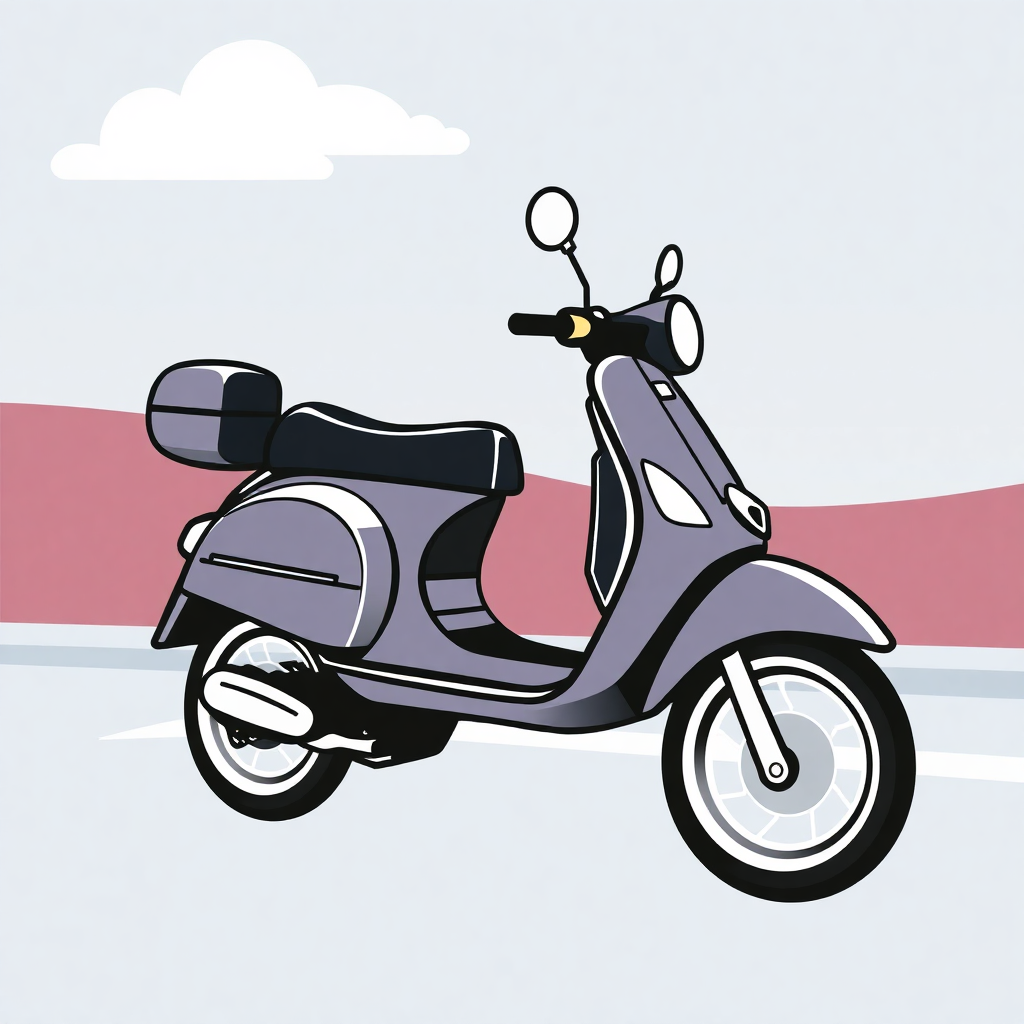 The image is an illustration of a scooter on a road. The scooter is grey in color and has a black seat and handlebars. It has a round headlight and a small mirror on the front. The handlebars are curved and the scooter appears to be in motion. The background is a light blue sky with white clouds. The road is divided into two sections, one in pink and the other in light blue. The overall style of the illustration is flat and minimalistic.