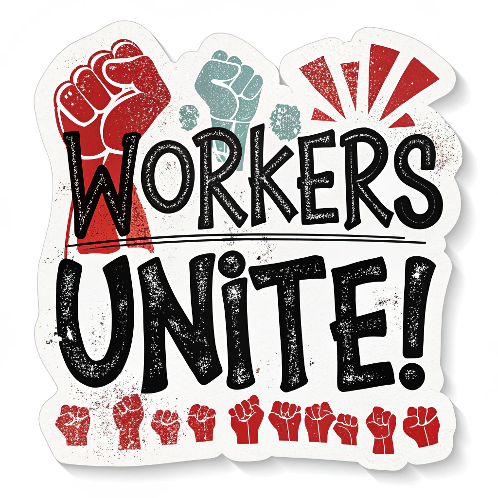 Design Idea 4: Urgent DIY/Stencil Aesthetic - 'Workers Unite!' presented in a stencil font, chunky hand-drawn bold letters, or a thick, rough brush script. Primarily use black or red on white (or vice versa), potentially with a spray paint texture or splatter effects. A stylized fist could be integrated.