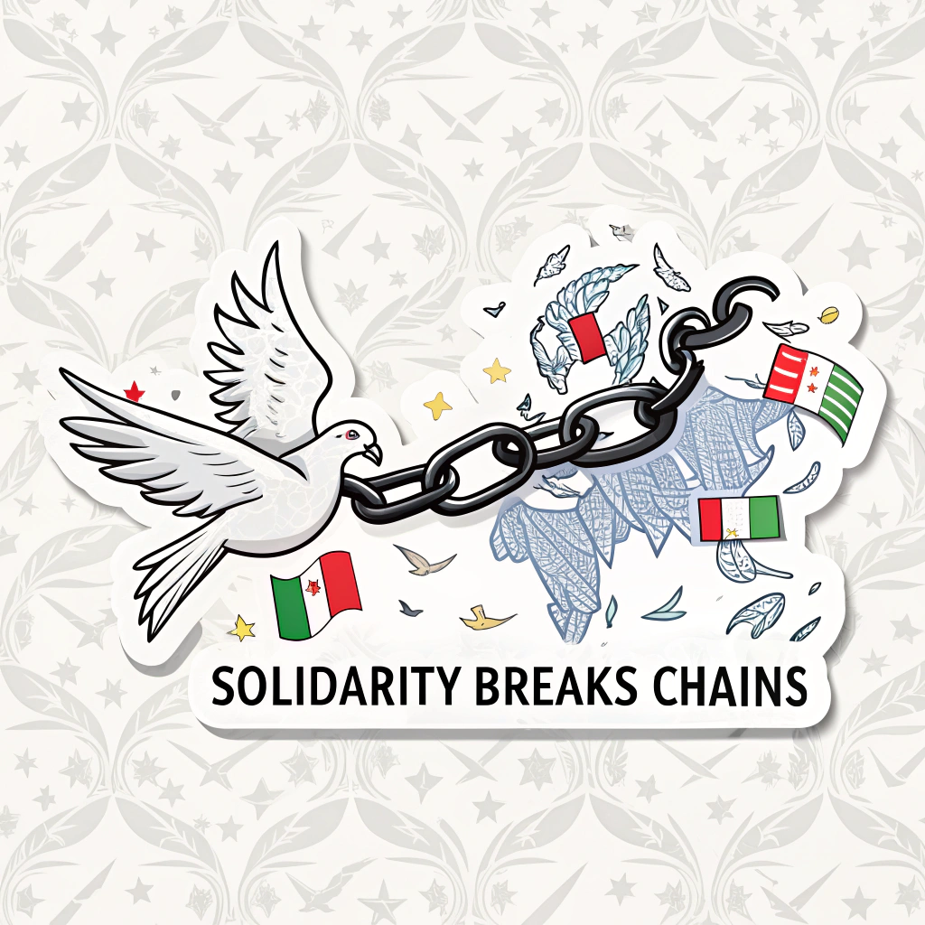A sticker depicting a broken chain with doves flying out from the links, symbolizing liberation and peace. The background could be a subtle pattern of international flags or a stylized world map. Text: 'Solidarity Breaks Chains'.