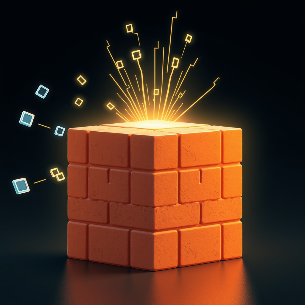 Sub-Design Idea 4: Focus on a single, strong cubic brick. Digital data packets (small squares or arrows) approach it from one side and are visibly blocked or disintegrated upon contact, while the brick itself has a subtle energy aura.