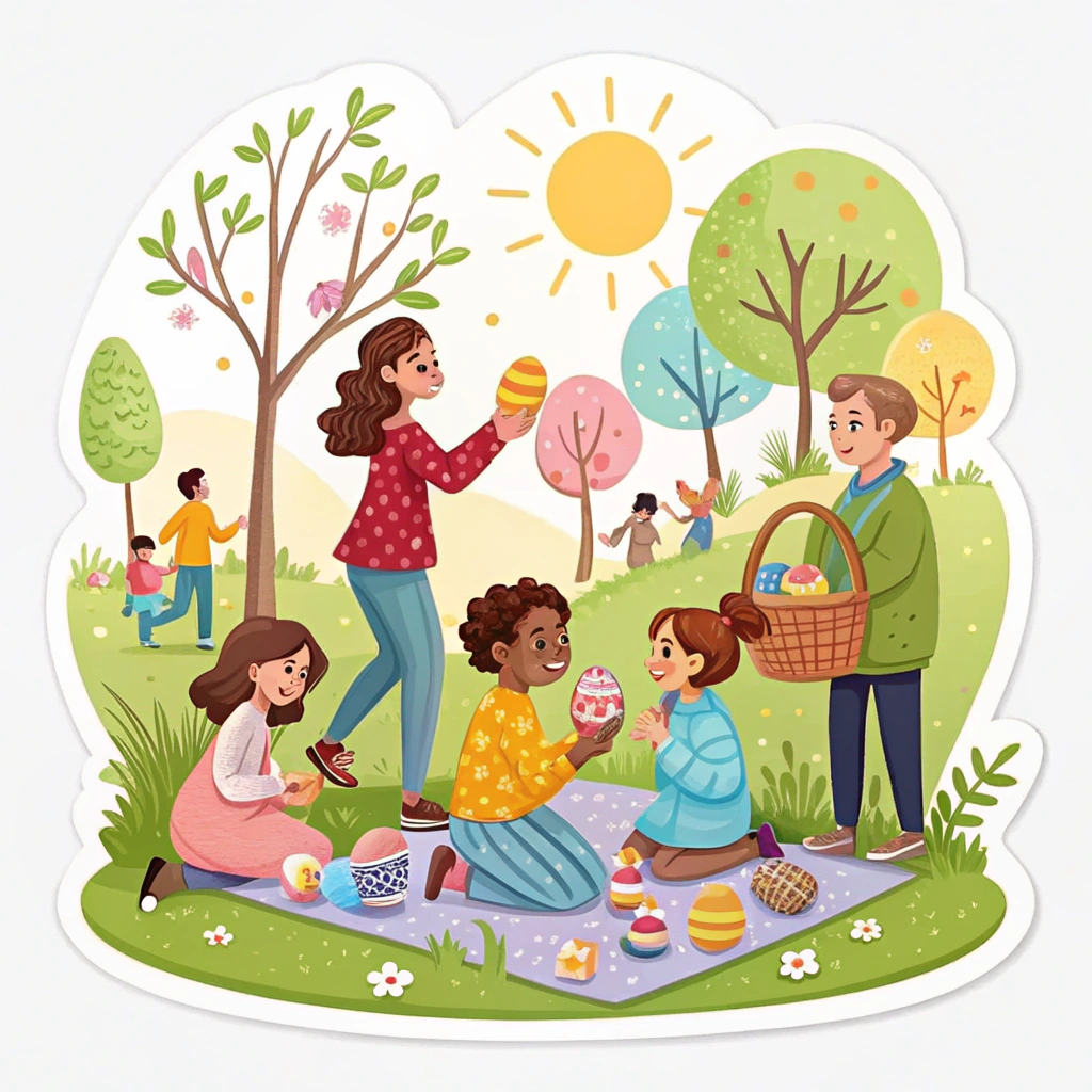 A sticker depicting people gathering in a park for a community event on Easter Monday, symbolizing togetherness and celebration.