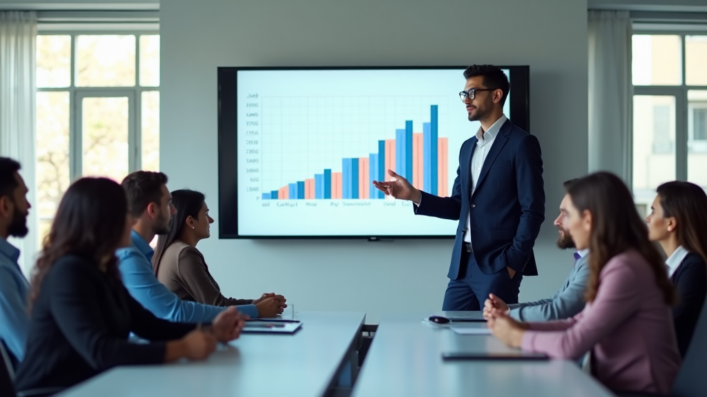 An efficiency consultant presenting a graph of improved metrics to a diverse team in a modern conference room filled with natural light and sleek technology.