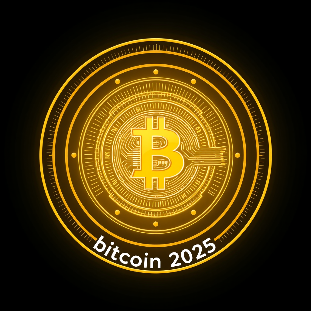 Sub-design Idea 3: Concentric Value Radiance. The Bitcoin '₿' at the core, with concentric rings expanding outwards. However, instead of uniform rings, they could fragment or become thinner further from the center, symbolizing scarcity. The core '₿' and the immediate rings are intensely bright or metallic (gold/platinum), signifying concentrated value. 'Bitcoin 2025' could encircle the design or be placed beneath it. The 'horizon' element might be a subtle line cutting through the background.