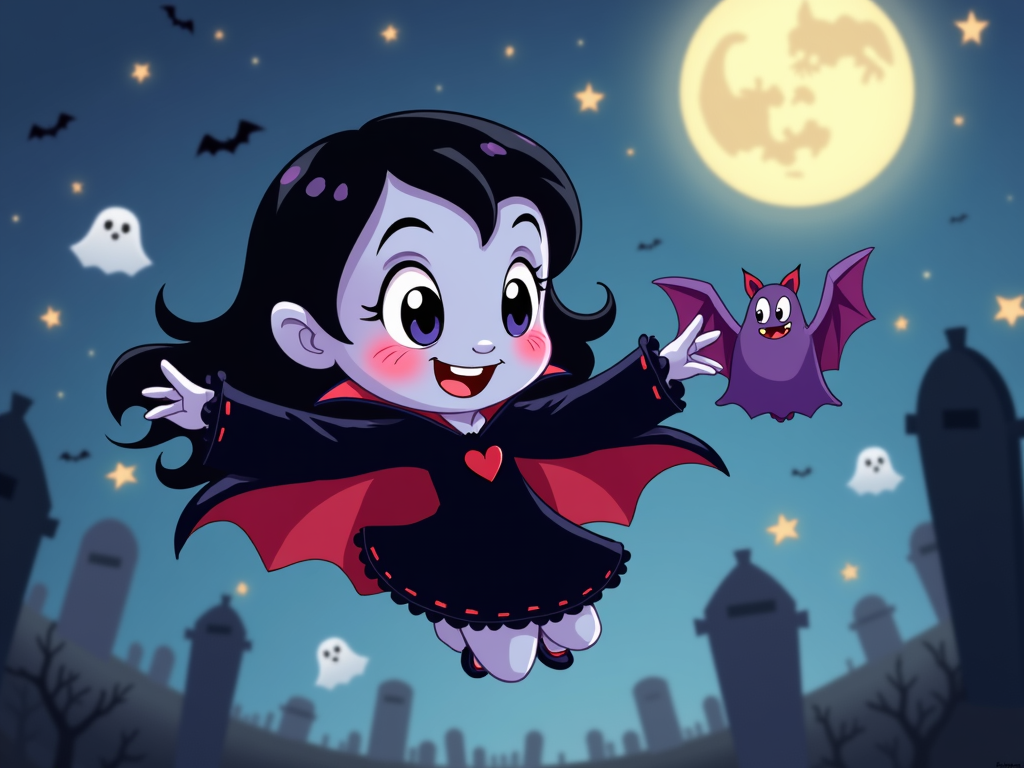 The image is a digital illustration of a cartoon vampire girl flying over a graveyard at night. The girl has dark hair and is wearing a black dress with a red cape and a red heart on her chest. She has a big smile on her face and is holding a purple bat in her right hand. The bat is flying towards the girl with its wings spread wide. The graveyard is filled with tombstones and there are several bats flying around. The sky is dark and the moon is visible in the background. The overall mood of the image is spooky and eerie.