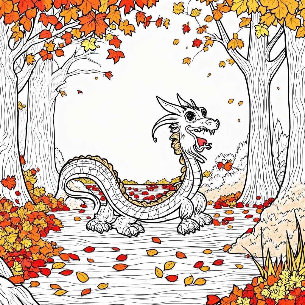 An autumnal scene featuring a dragon gathering vibrant fall leaves using its soft, curved tail. The woodland floor is a tapestry of reds, oranges, and golds, inviting artists to blend warm seasonal colors. A gentle breeze carries more leaves down from the surrounding trees.