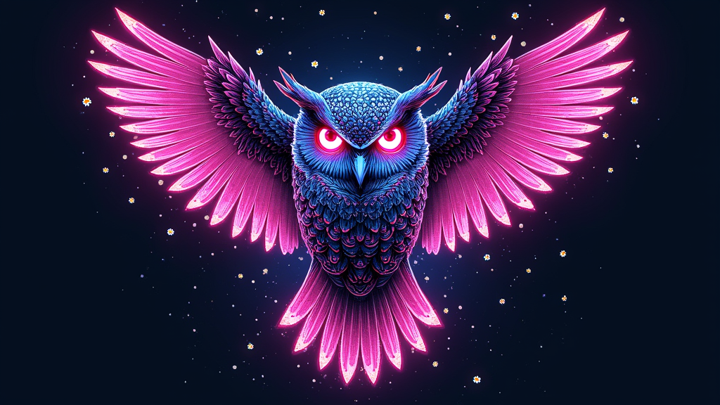 Neon Soundscape Owl: An owl's portrait intricately formed by glowing neon soundwave patterns, set against a dark, starlit EDC-themed background with subtle geometric stage elements and hidden daisy motifs.