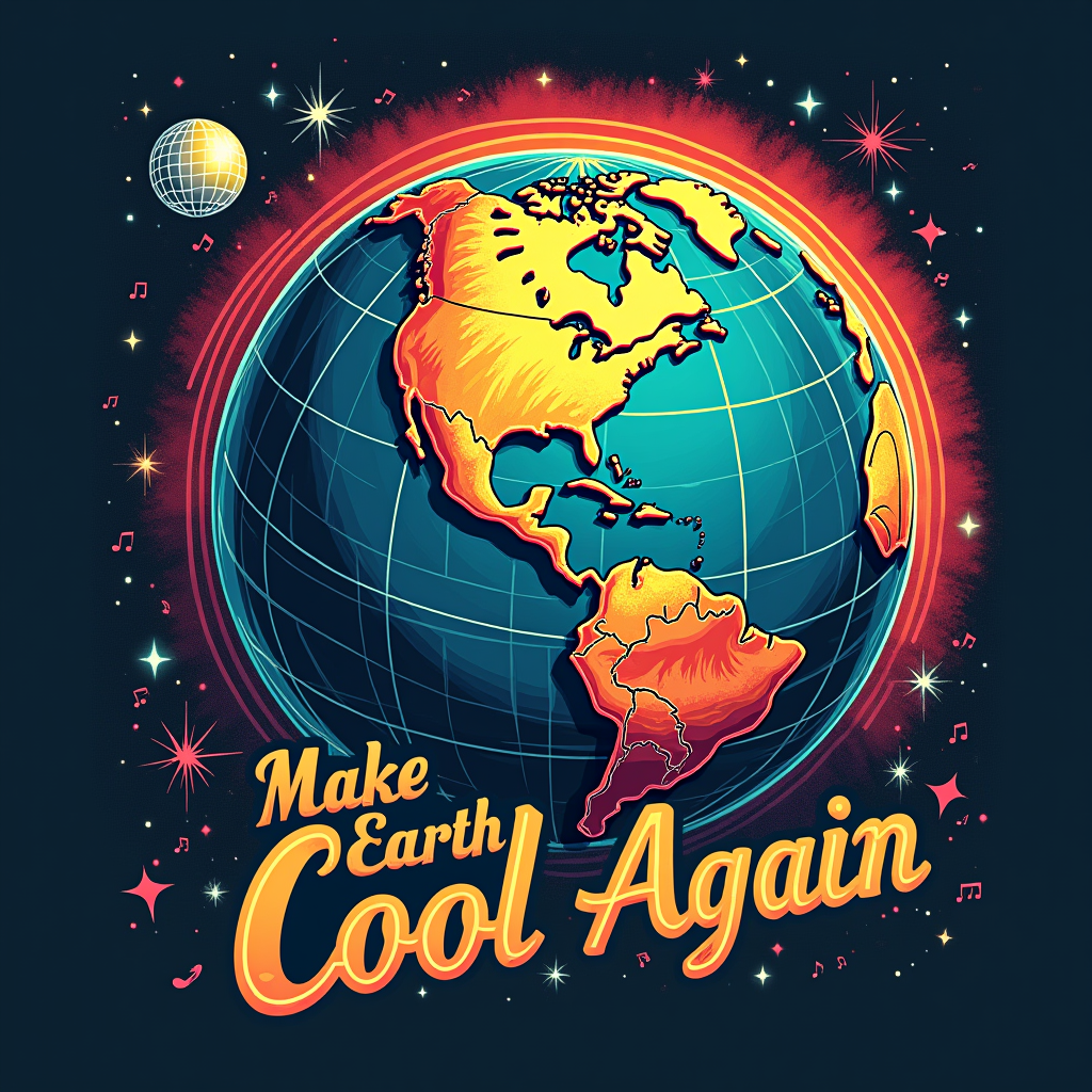 An illustration of Earth as a retro vinyl record or a disco ball. 'Make Earth Cool Again' could be the 'album title' on the record label or arc around the disco Earth. Add retro elements like sparkles, light rays, or musical notes. Colors could be metallic silvers/golds mixed with vibrant rainbow hues.