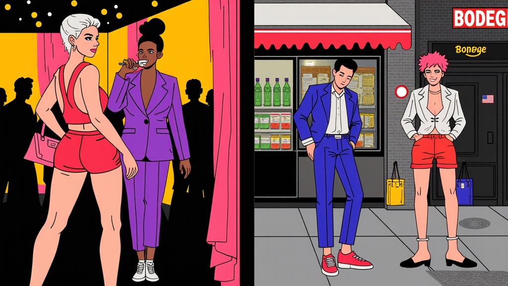 Split-scene illustrations: one half showing the polished runway look backstage, the other half showing the model or a guest wearing a similar style in a gritty, everyday NYC street scene (e.g., a bodega, a subway platform, a hot dog stand).