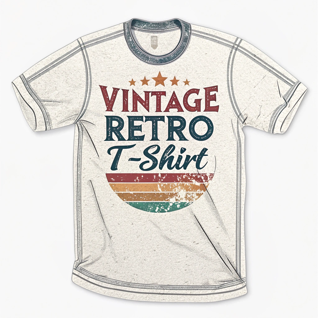 The image is of a white t-shirt with a graphic design on the front. The design features the words Vintage Retro T-Shirt in a bold, retro font with a red, orange, and green color scheme. The word Retro is in the center of the design, with the word T-shirt written in a larger font size than the rest of the text. Below the word, there is a circular design with a striped pattern in shades of orange, green, and blue. The overall design has a vintage, retro feel to it.