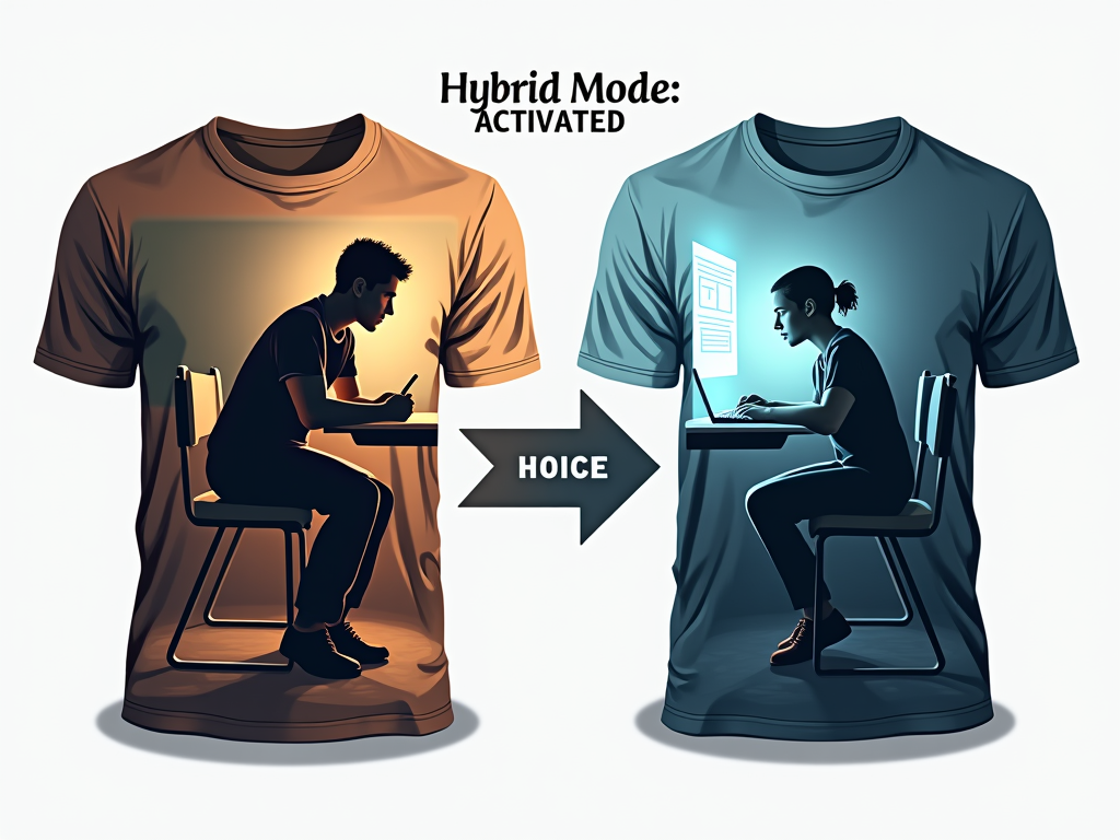 A silhouette of a person transitioning – one side shows them in a physical classroom setting, the other side interacting with a digital interface. The slogan 'Hybrid Mode: Activated' is prominently displayed, perhaps with an arrow indicating the 'activated' state.
