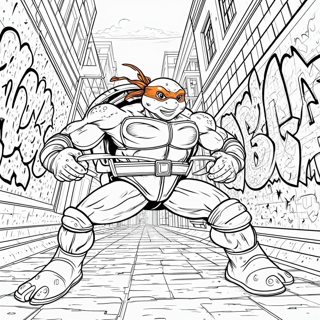 The image shows a sketch of a teenage mutant ninja turtle in the middle of a city street, surrounded by buildings and graffiti on the walls. The sky is visible at the top of the image.