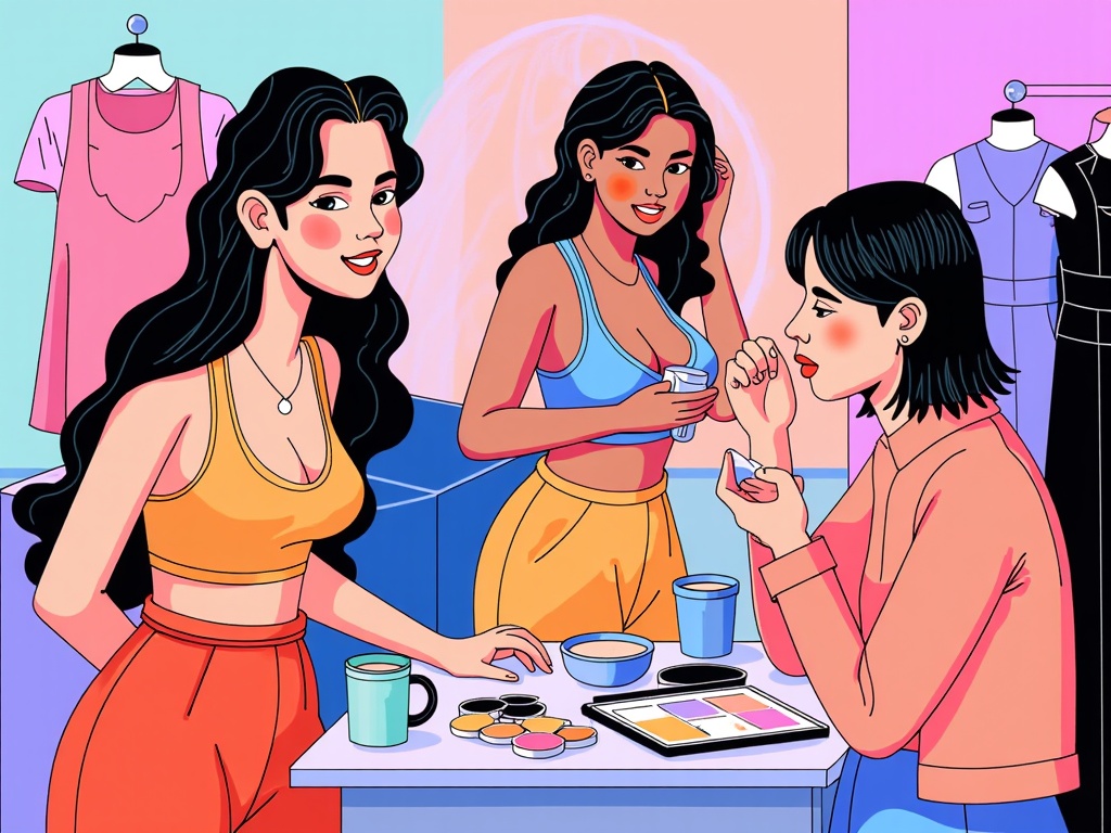 An illustration capturing a candid, quiet moment amidst the hustle – a model taking a selfie, another sipping water, or a thoughtful makeup artist studying their work. Focus on expressive figures and subtle storytelling.