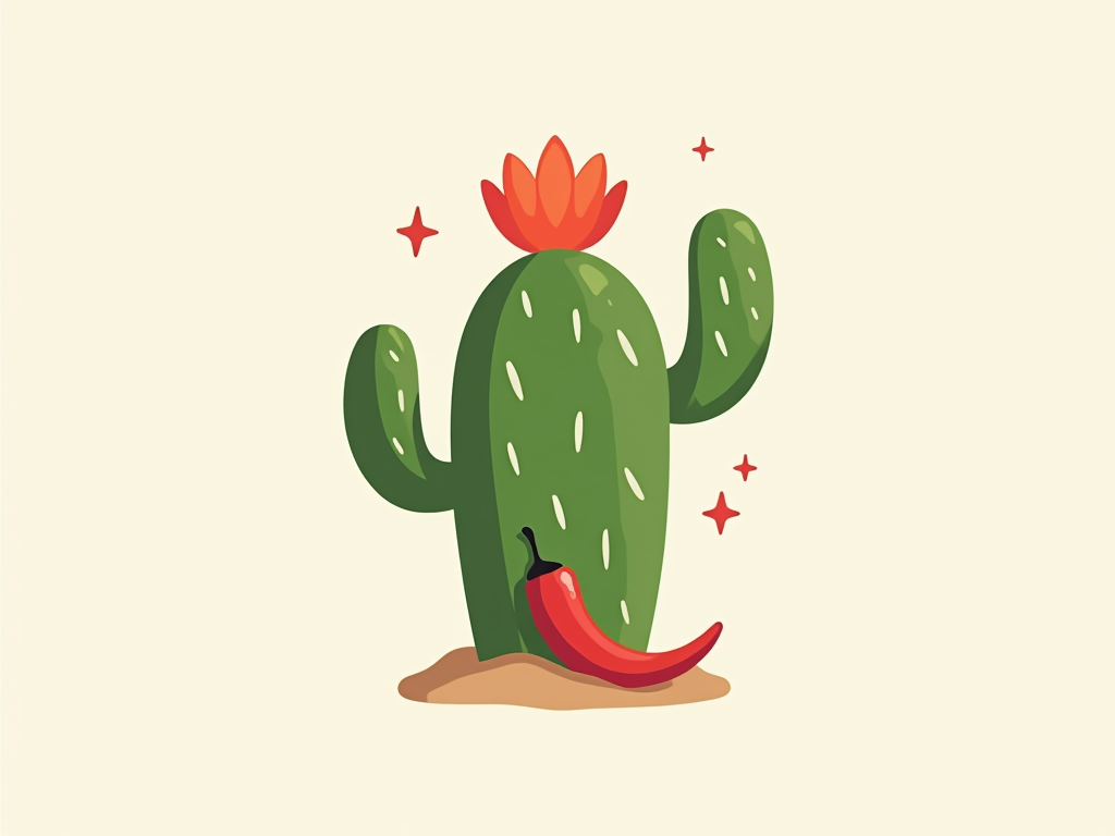 Simple icon idea: A minimalist icon combining a single, stylized blooming cactus with a small, vibrant chili pepper nestled at its base or subtly integrated into its form.