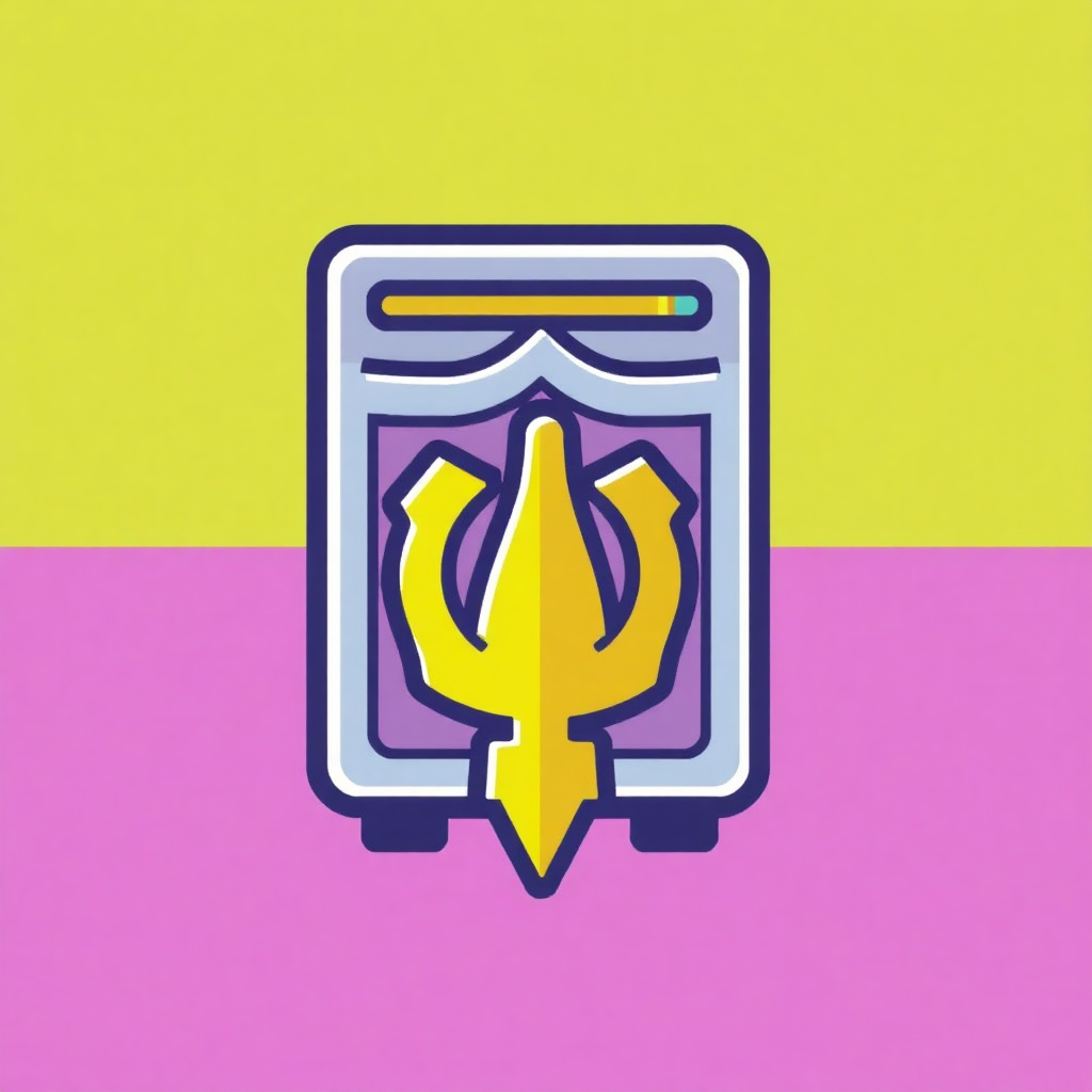 The image is a graphic design with a pink and yellow background. In the center of the image, there is a square-shaped icon with a blue border. Inside the square, there are two lines of text, one in yellow and the other in pink. The yellow line is in the shape of a trident, which is a symbol of the Hindu god Shiva. The trident is facing towards the right side of the square. The text is written in a bold, sans-serif font. The overall design is simple and minimalistic.