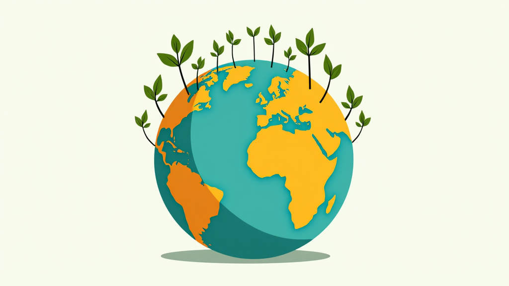 A stylized globe with small green sprouts emerging from different continents, connected by subtle lines, representing kindness growing worldwide.