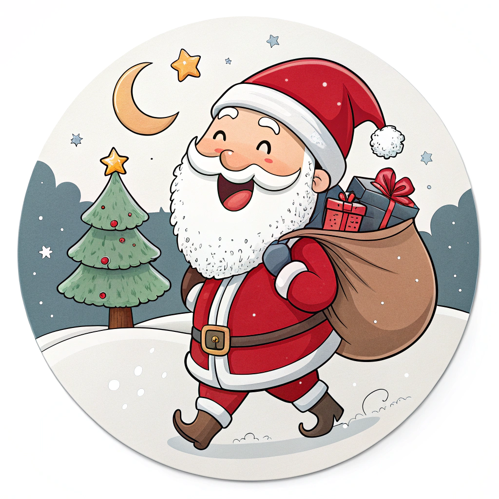 The image shows a cartoon Santa Claus carrying a bag of presents in the snow, with a Christmas tree in the background, stars and a moon in the sky, and a white background.