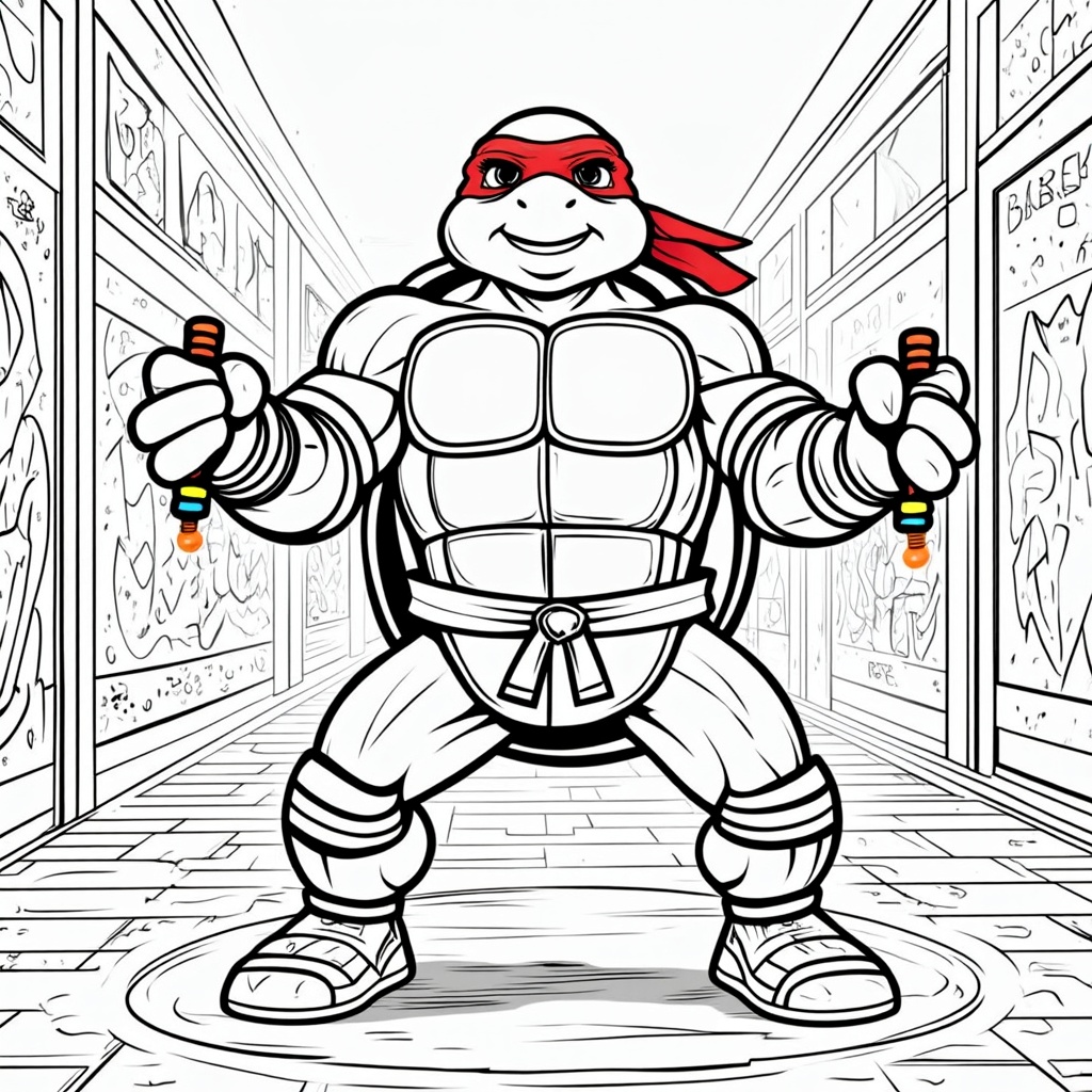 The image shows a sketch of a teenage mutant ninja turtle, Leonardo, holding two objects in his hands. He is wearing his signature red bandana and has a determined expression on his face. The background of the image is filled with walls, giving the impression of a coloring page.