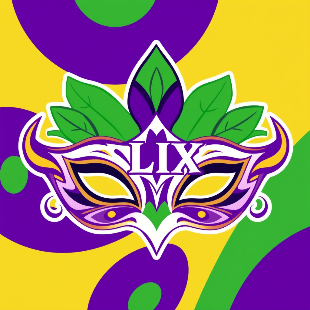 Mardi Gras Masquerade: The logo incorporates elements of a Mardi Gras mask (feathers, ornate shapes) where the LIX is central, using the traditional Mardi Gras colors (purple, green, gold), with the overall shape hinting at a crescent.