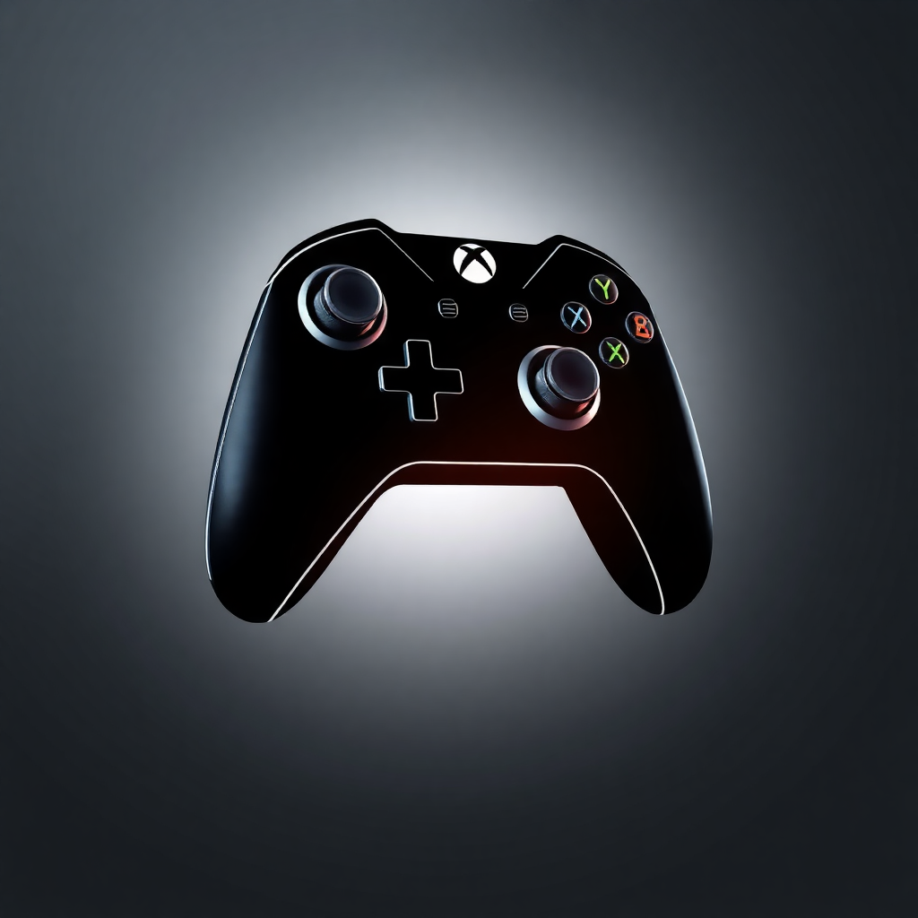 The image is a close-up of a black Xbox wireless gaming controller. The controller has a sleek and modern design with a round base and four buttons on the top. The buttons are arranged in a grid-like pattern, with a plus sign in the center. On the right side of the controller, there are three directional buttons, two on each side, and two on the left side. The joystick is also black and appears to be made of plastic. The background is a solid grey color, making the controller stand out. The overall color scheme of the image is black, white, and gray.